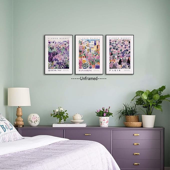 XLARTMY Flower Market Wall Art Prints Canvas Purple and Pink Floral Paintings Colorful Botanical Travel Flower Posters for Home Decor Pictures Set of 3 for Living Room Bedroom 16x24in Unframed