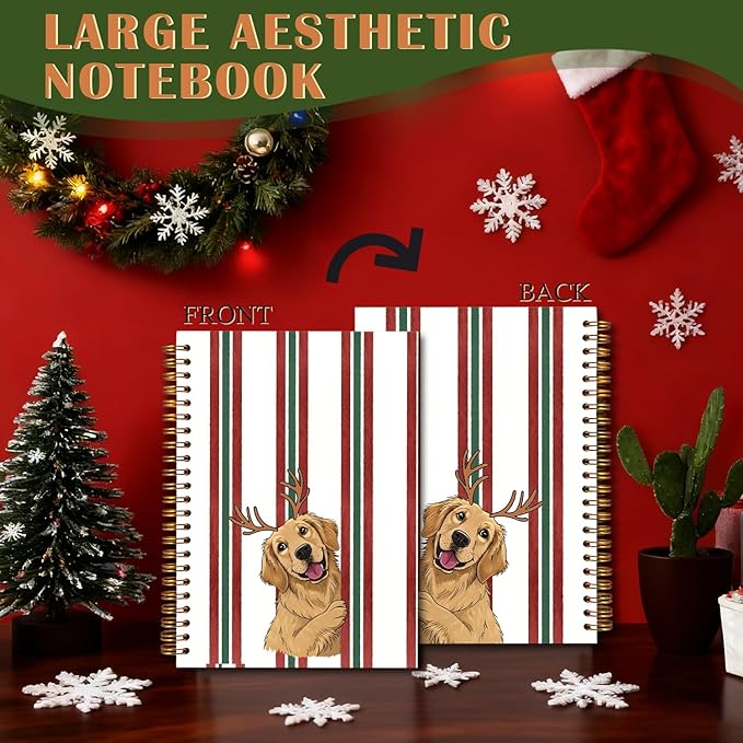 Exqcom Christmas Golden Retriever Spiral Notebook Gifts, Golden Retriever Lover Gifts Journal for Women, Striped Funny Dog Hardcover Notebook Journal Office School Supplies, 5.5x8.3 Inch