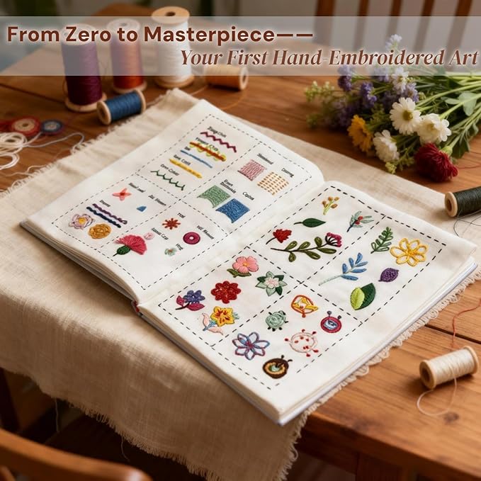 2026 Upgraded Embroidery Stitch Book & Complete Kit for Beginners | Includes 86 Tools,63 Water-Soluble Patterns & 106 Designs with Instructions | Portable Craft Set for Adults & DIY Lovers