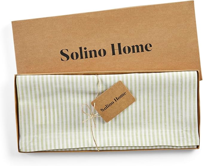 Solino Home Linen Striped Table Runner 120 Inches Long - Narrow Stripe 100% Pure Linen Sage and White Dining Table Runner 14 x 120 Inch for Spring, St Patricks Day, Easter