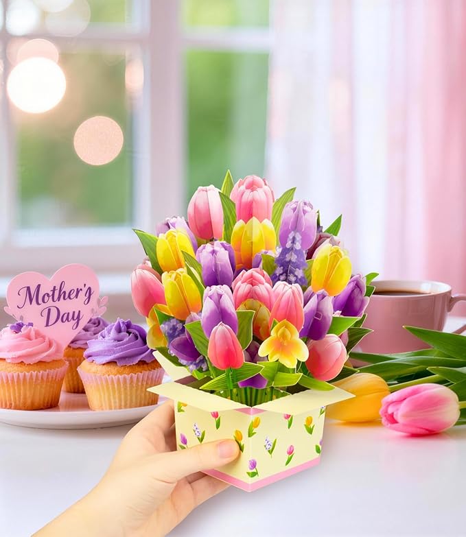 Colorful Tulip 3D Pop Up Spring Greeting Card for Mother’s Day Birthday Easter Anniversary Thank You Sympathy Get Well, Handmade Floral Bouquet for Mom, Grandma, Wife, Teacher, with Envelope and Blank Note Card
