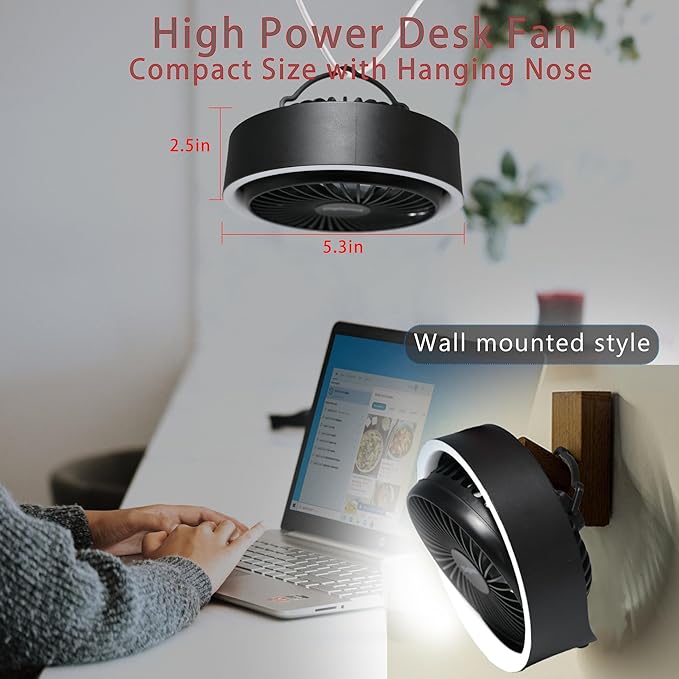 Small Fan, High Power Silent Desk Fan Portable USB Fan 3000mAh Rechargeable Battery Powered, 3 Speed 5.3in with Night Light/Hook,180°Rotated Easy Clean (Black)