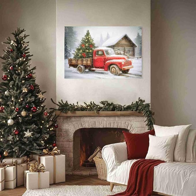 Red Truck Christmas Tree Vintage Holiday Wall Art Winter Snow Scene Poster Nostalgic Truck Canvas Print Indoor Decor for Home Living Room Bedroom Office Dining Room Farmhouse Framed Ready to Hang