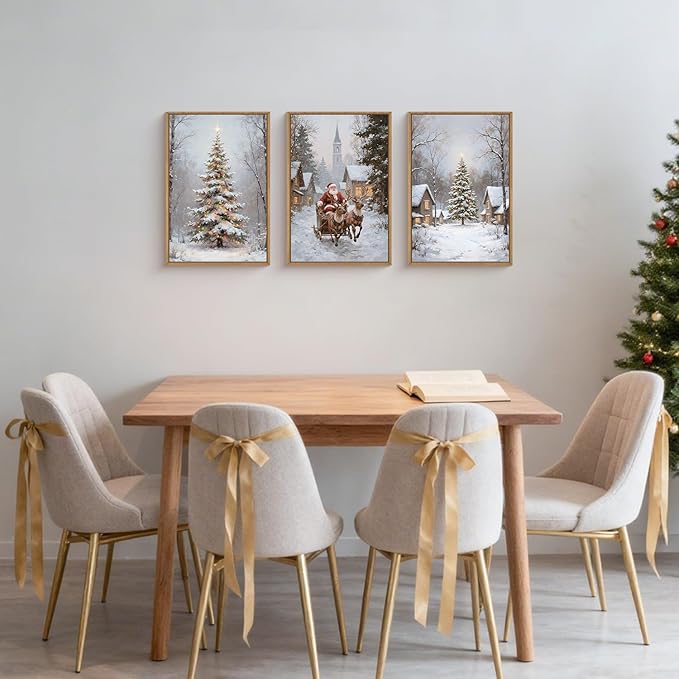 HPNIUB Happy Christmas Framed Wall Art Set, Elk Santa Claus Wall Decor, Winter Snowy Landscape Nature Painting, Neutral Christmas Scene Art Prints for Xmas Festival Fireplace Decor-16 x 24 x3
