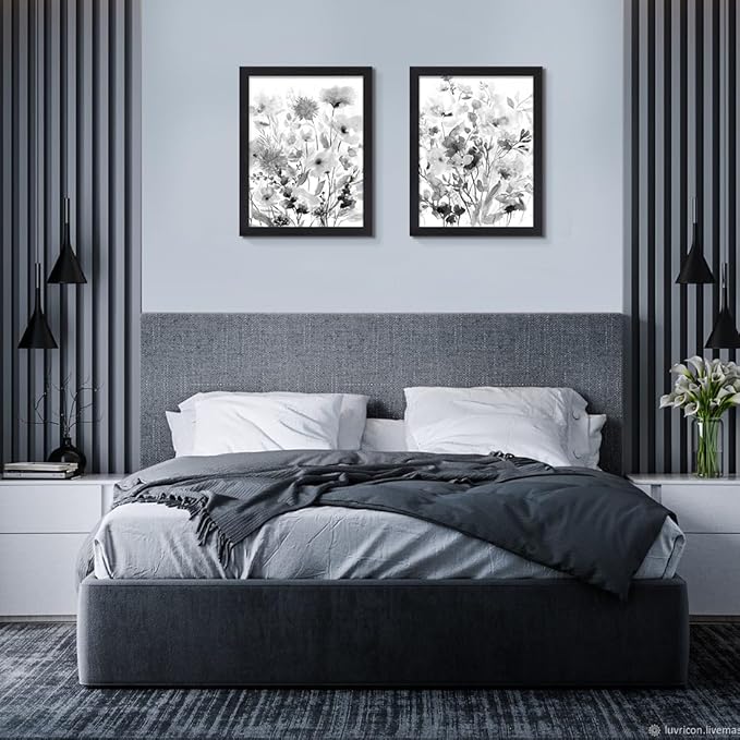 Botanical Canvas Prints Wall Art Black & White Wildflower Pictures Rustic Floral Paintings Decor 2 Panels Modern Framed Artwork for Bathroom Livingroom Bedroom Office Kitchen 12x 16 inches (Black