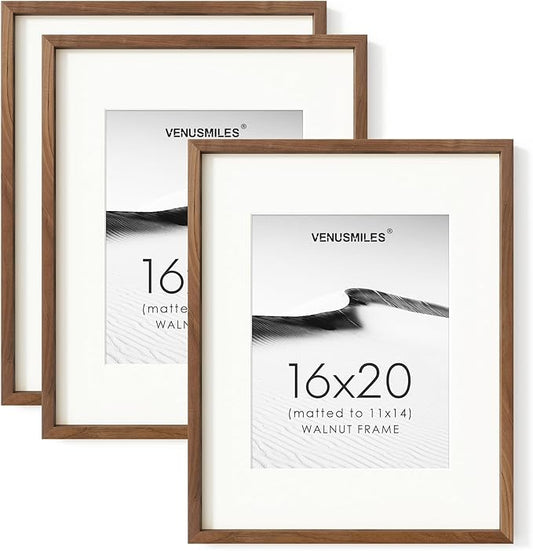 16 x 20 Picture Frame Set of 3, USA-Sourced Natural Walnut Wood Photo Collage Frame with HD Tempered Glass, Modern Simple 16x20 Wooden Frame Matted to 11x14, Vertical & Horizontal Wall Hanging Display