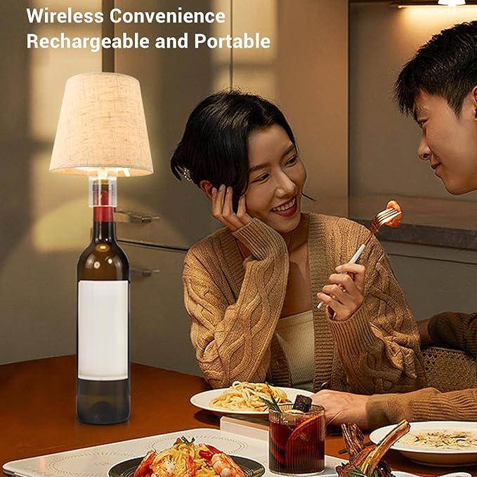 LED Wine Bottle Desk Lamp, Rechargeable Fabric Wireless Bottle Lamp with Shade, Portable Light for Bedside Bar Table, Romantic Ambiance