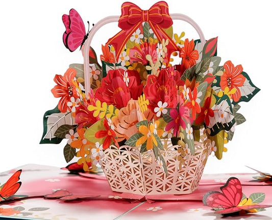3D Pop-Up Card - Basket Flower Greeting Card - Handmade Floral Pop-Up Card with Butterflies, Perfect for Mother's Day, Birthday, Thank You, and Special Occasions