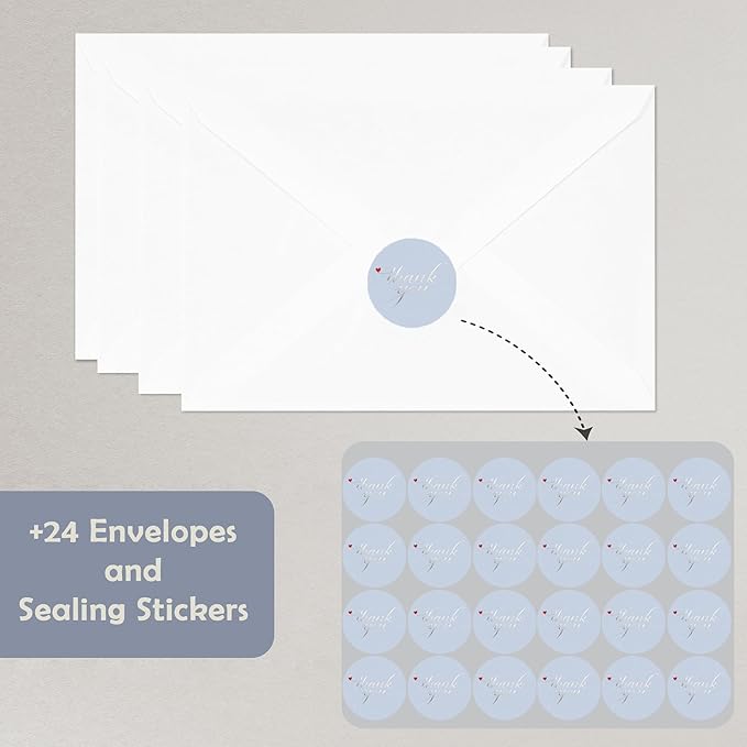 Cheerin 24 Pack Light Blue Thank You Cards With Envelopes Set - Elegant Silver Foil Thank You Notes for Wedding, Birthday and Baby Shower - Bulk Appreciation Cards 3x5 inch