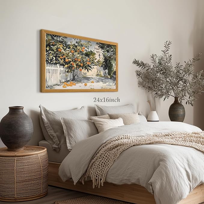 LLEEMPI Orange Tree Wall Art, Country Botanical Wall Decor, Vintage Fruit Canvas Painting, Rustic Farmhouse Poster Print for Kitchen Bathroom Bedroom Living Room Office Wood Framed 16x24 Inch