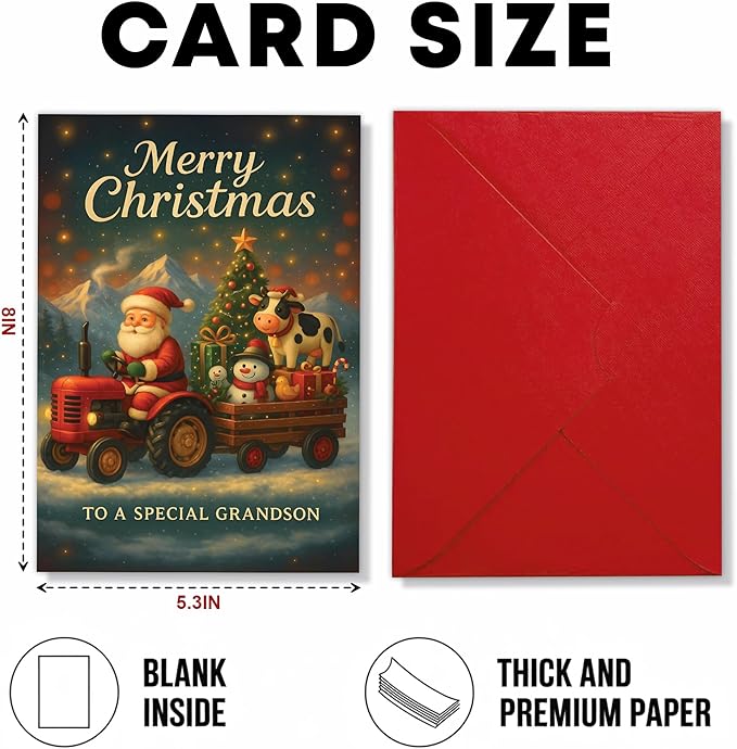 (5.3x8in) Merry Christmas to a Special Grandson Card, Santa on Tractor with Cow and Snowman, Farm-Themed Holiday Greeting Card with Christmas Tree and Gifts, Festive Card with Envelope (Xmas 42)