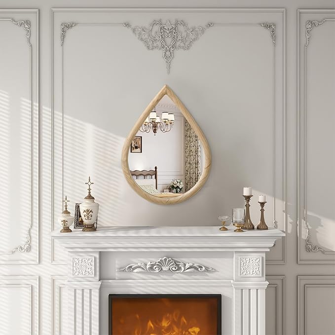 Small Wall Mirror Decorative Farmhouse Rustic Teardrop Wall Hanging Mirrors Walnut Wood Framed Irregular Mirror for Bathroom Living Room Bedroom Entrance