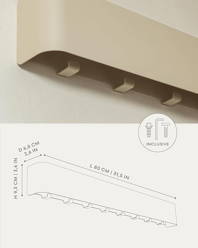Kazai.®️ Coat Rack Wall Mount with Shelf 'Tone' | Modern Design Coat Hanger with Hidden Hooks and Storage | Hat Rack with Shelf in Metal | Wall-Mounted Purse Organizer | Taupe