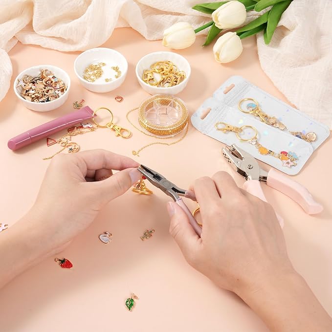 Sileasncei 358Pcs Charms Lip Gloss Keychain Making Kit, DIY Bag Charm Kit with Enamel Charms, Chains, Jewelry Pliers, Hole Punch & Gift Bags, Keychain Making Supplies for Custom Keychains Gifts