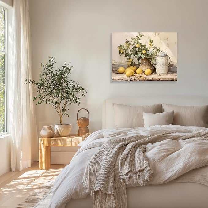 LLEEMPI Framed Vintage Lemon Wall Art, Country Botanical Wall Decor, Yellow Fruit Still Life Canvas Painting, Rustic Farmhouse Poster Print for Kitchen Living Room Bathroom Bedroom 16x24 Inch