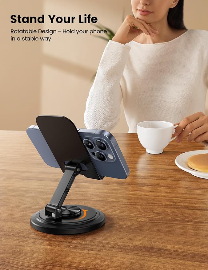 Lamicall Cell Phone Stand for Desk - [360° Rotation] Sturdy Adjustable Desktop Phone Holder, Foldable Mobile Stand, Office Desk Accessories for iPhone 17 16 15 14 Pro Max Air, Galaxy S25, Cellphones