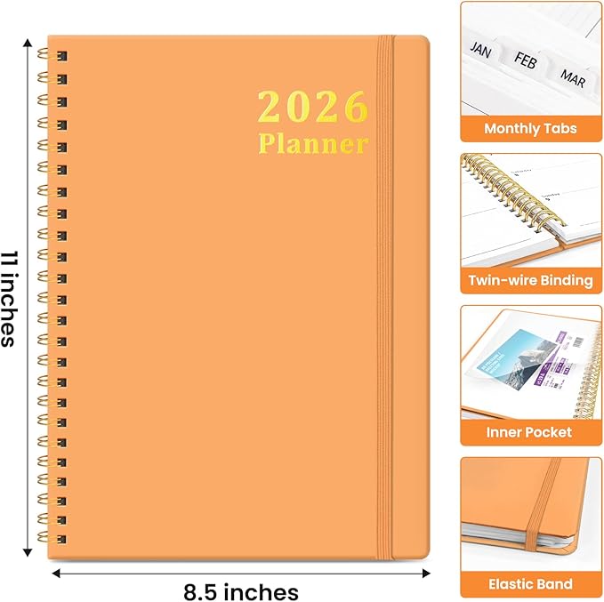 2026 Planner, Weekly and Monthly Calendar Planner for Women, Jan 2026 - Dec 2026, Hardcover Planning Agenda book with Tabs, Spiral Bound, Inner Pocket, Perfect for School Office Supplies, 8.5" x 11" - Bright Orange