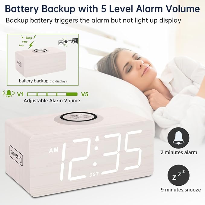 DreamSky Wooden Digital Alarm Clock with Wireless Charging for Bedroom, Bedside Nightstand Clock with Charger Station, USB Port, Large Numbers, Adjustable Volume, Brightness Dimmer, DST