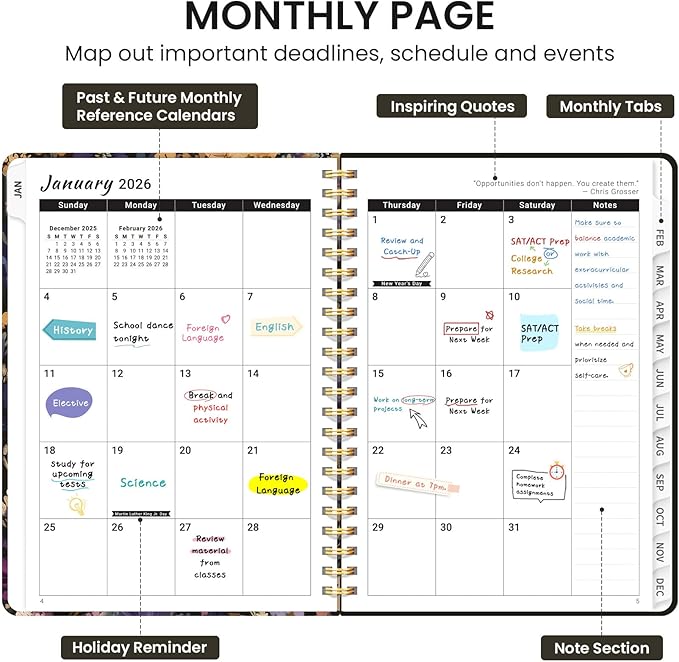 2026 Planner, Weekly and Monthly Calendar Planner for Women, Jan 2026 - Dec 2026, Hardcover Planning Agenda book with Tabs, Spiral Bound, Inner Pocket, Perfect for School Office Supplies, 6.3" x 8.5" - Midnight Bloom