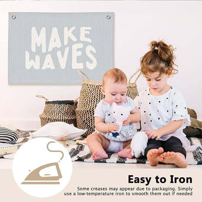Coastal Beach Kids Room Decor - Linen Banner Wall Hanging Canvas Banner Flag Decor for Kids Toddler Bedroom Nursery Playroom