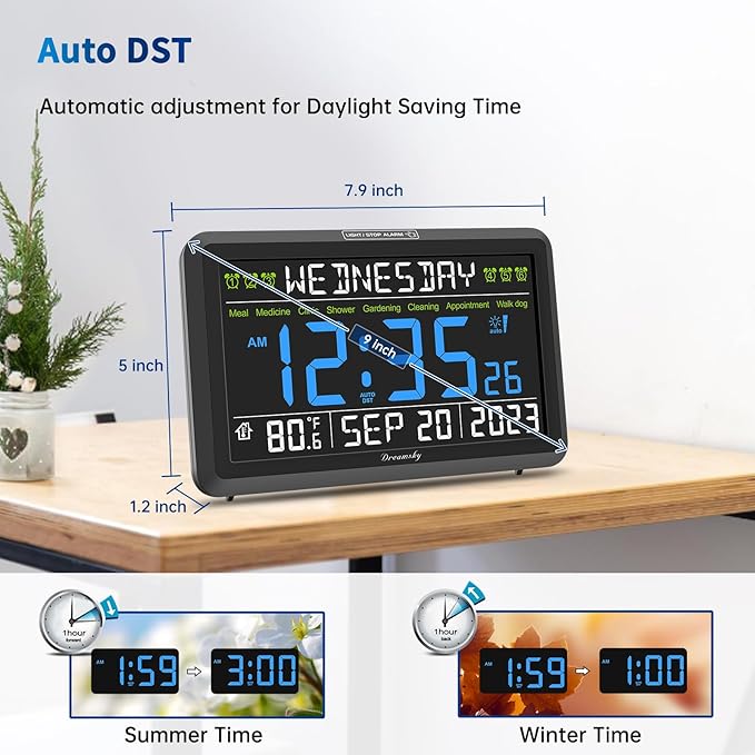 DreamSky Digital Clock with Date and Day of Week - Large Calendar Clock for Seniors Elderly, Loud Alarm Clock for Bedroom Desk, Backlight Dimmer, Adjustable Volume, USB Port, Auto DST, Battery Backup