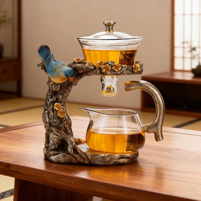 Lazy Kungfu Glass Tea Set Heat Resistant Semi Automatic Drip Rotating with Infuser Magnetic Teapot Set for Gongfu Tea Making Ideal (Blue Bird)