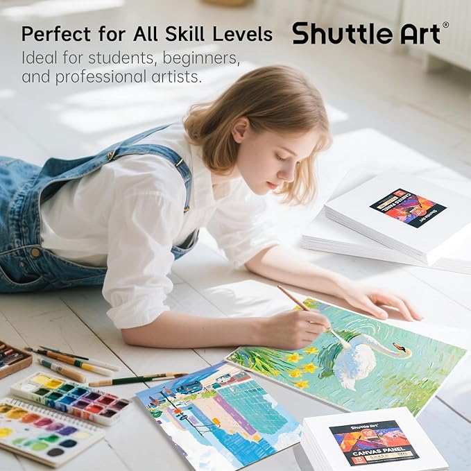 Shuttle Art Painting Canvas Panel, 36 Multi Pack, 5x7, 8x10, 9x12, 11x14 inch (9 PCS of Each), 100% Cotton Art Canvas Board Primed White, Blank Canvas for Kids Adults for Acrylic Oil Painting