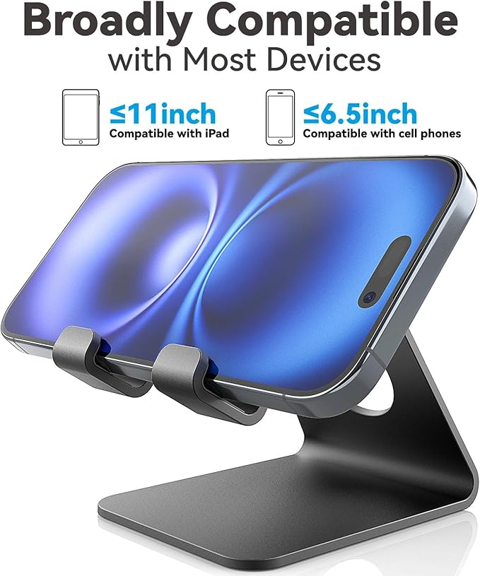 TOPGO Cell Phone Stand for Desk, Device Holder, Cradle, Holder, Metal Phone Stand with Cable Collective for Office Desk, Bedside Table Compatible with iPhone 17 16 Pro Max and All Smart Phones - Black