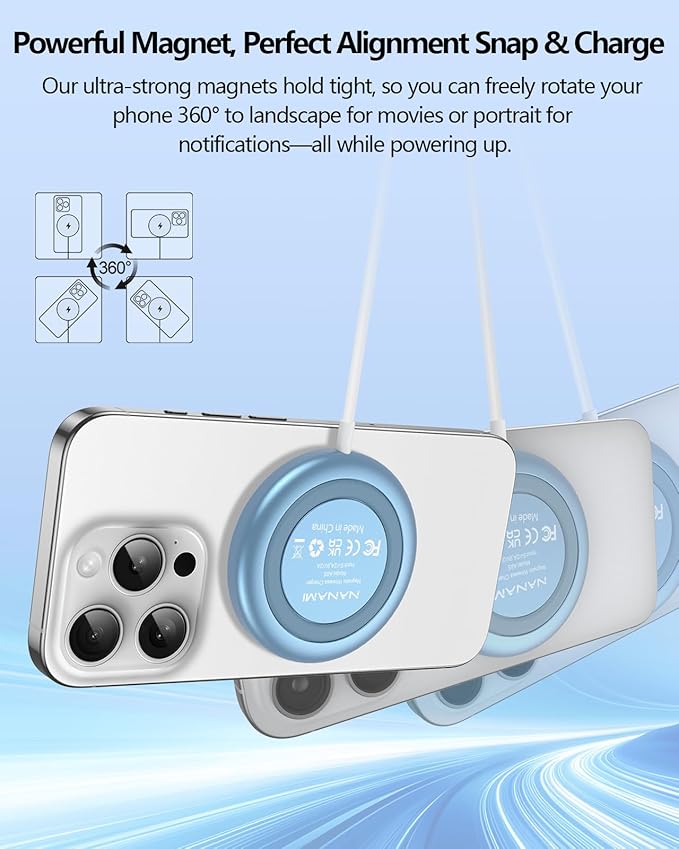 NANAMI Magnetic Wireless Charger Pad with 20W PD Adapter,for MagSafe iPhone 17/16/15/14/13/12 Series & AirPods 3/2/Pro/Pro 2,Non-Slip Base & Strong Magnetic Alignment for Desk and Office Use(Blue)