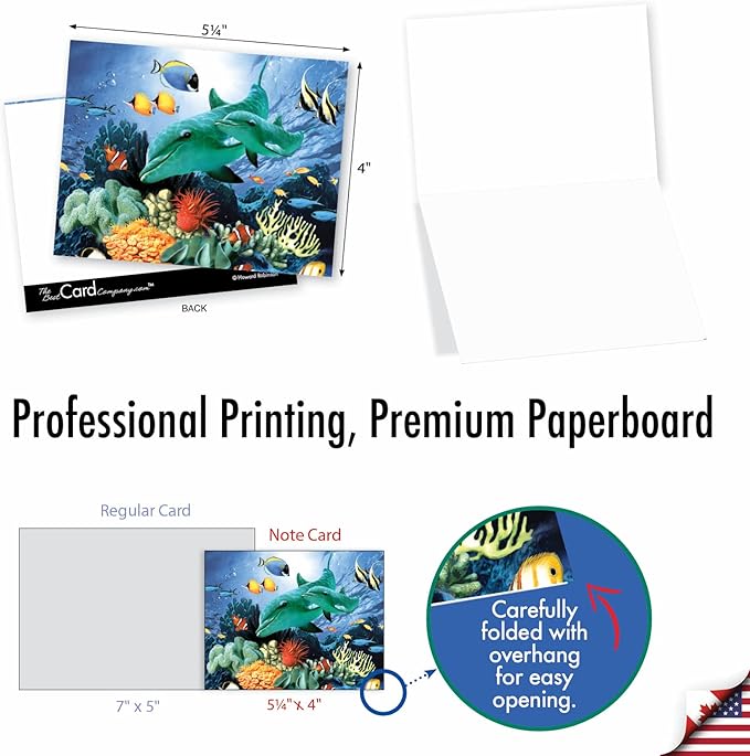 The Best Card Company - 10 All Occasion Blank Cards (4 x 5.12 Inch) - Nautical, Ocean, Sea Life Assortment of Notecards - Multi Porpoises M6643OCB