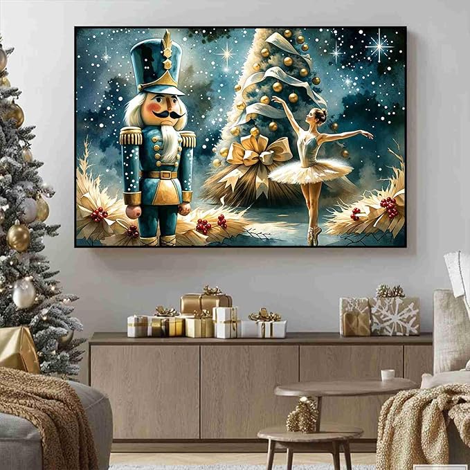 Christmas Wall Art Holiday Decor Nutcracker and Ballerina Winter Scene Poster Modern Farmhouse Poster Vintage Oil Painting Print Indoor Decor for Home Bedroom Christmas Holiday Framed Ready to Hang