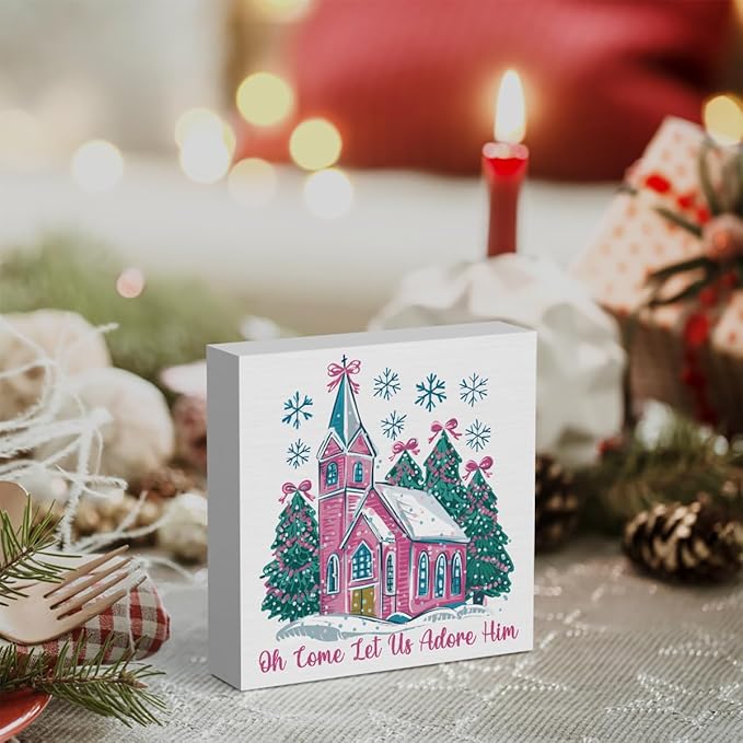 Oh Come Let Us Adore Him Sign, Jesus Christmas Tree Decor, Christian Christmas Decoration for Home Office Desk Table Shelf 5 X 5 inch