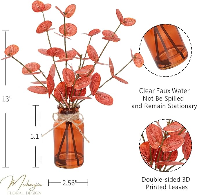 Muhanjia Artificial Eucalyptus Stems in Amber Glass Vase with Faux Water,3Pcs Fake Plant with Double-Sided Orange Leaves for Centerpiece (Double-Sided Orange Eucalyptus)