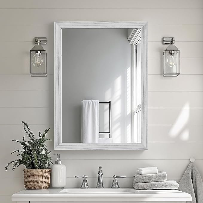 White Wood Effect Framed Wall Mirror, 22x30 Rectangle Mirror, 1/8" Anti-desilvering Tempered Glass, Sustainable& Sturdy Frame, Anti-Rust, HD Reflection &3min Fast Setup for Bathroom Living Room