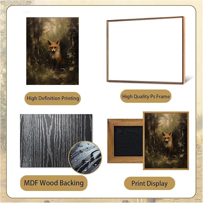Djmwtb Vintage Framed Wall Art Fox Canvas Wall Art Forest Animal Art Prints Woodland Painting Pictures Wall Decor Artwork for Living Room Bedroom Bathroom Office 8x10in