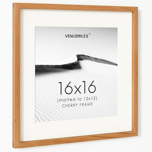 16x16 Picture Frame, USA-Sourced Natural Cherry Wood Photo Collage Frame with HD Tempered Glass, Modern Simple 16 x 16 Wooden Frame Matted to 12x12, Gallery Wall Frames for Art