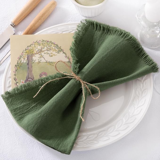 12 Pack Olive Green Cotton Linen Napkins with Fringe Green Cloth Napkins Set of 12 Boho Handmade Dinner Table Napkins for Wedding Bridal Baby Shower Tea Party, 17 x 17 Inches