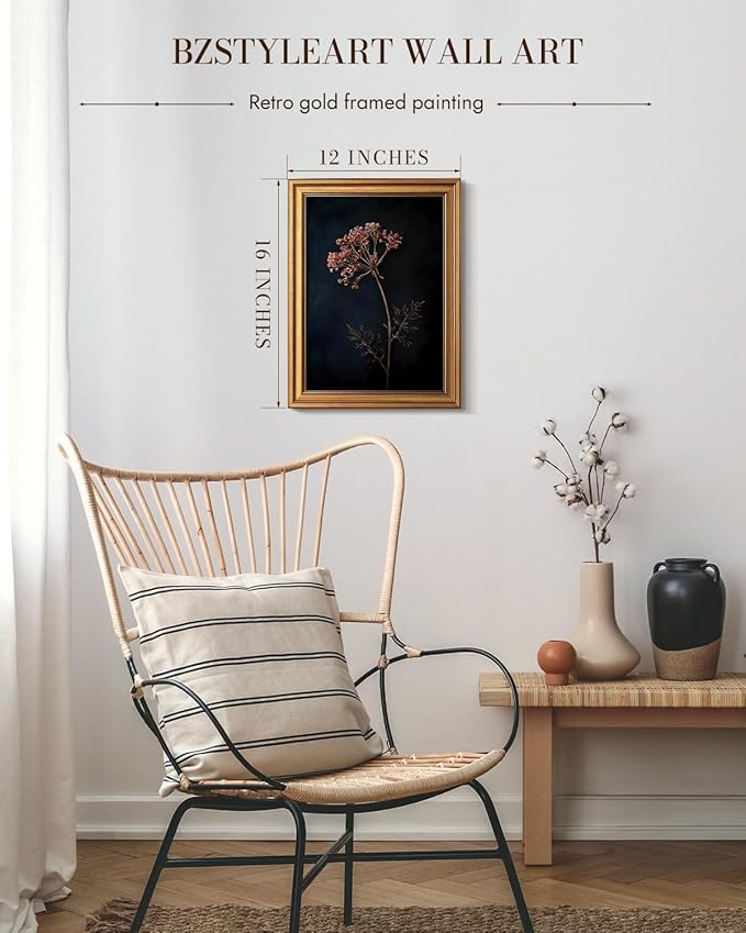 Bzstyleart Vintage Wall Art Decor for Living Room,Gold Framed Canvas Wall Art Home Decor Aesthetic Wild Carrot Flower Vintage Botanical Flower Prints,Canvas Picture Print Artwork,12 x 16 Inch