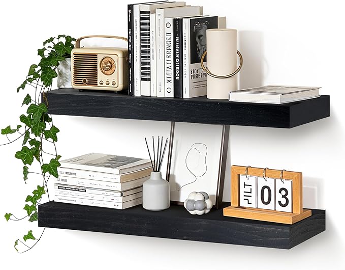 Floating Wall Shelves 24x6.8x1.7 Inch – Solid Wood Rustic Shelves in Black Finish – Wall Mounted Display Shelf for Bathroom, Kitchen, Bedroom – Set of 2
