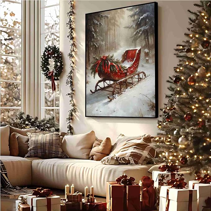 Vintage Christmas Canvas Wall Art Holiday Ride Painting Snowy Woodland Print Classic Sleigh Wall Decor Rustic Landscape Poster Indoor Decor for Offices Living Room Winter Holiday Framed Ready to Hang