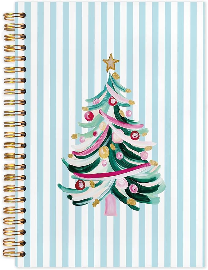 Pastel Christmas Tree Spiral Notebook, Christmas Aesthetic Journal for School Office Supplies, Preppy Xmas Blue Striped Winter Holiday Hardcover Journal 5.5x8.3 Inch