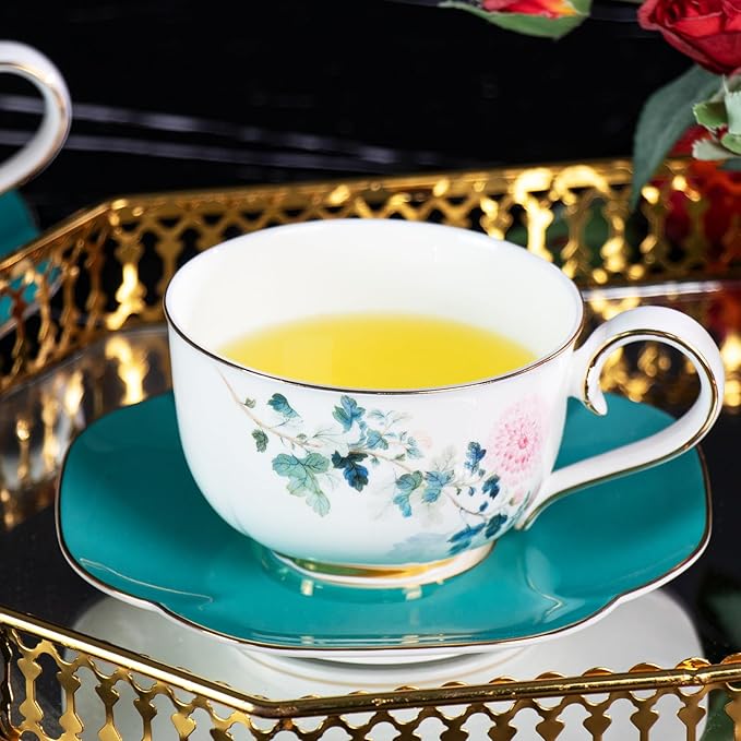 KAMMAK Tea Pot and Cups Set for Adults, Bone China Tea Cup and Saucer with Teapot, Porcelain Coffee Cups and Pot, Teapot with Tray and Gift Box for Latte, Afternoon Tea Party
