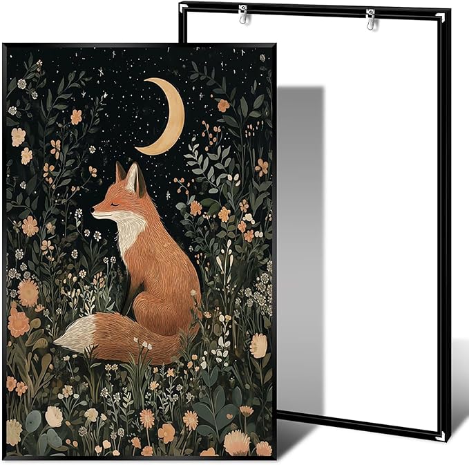 Fairytale Dreamy Fox Wall Art Vintage Moonlit Forest Floral Plant Night Canvas Poster Print Whimsical Nature Aesthetic Picture Decor for Nursery Living Room Bedroom Office 24x36inch Metal Black Framed