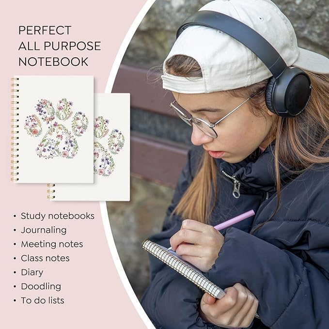 VONTP Floral Dog Paw Journal Notebooks, Dog Mom Gifts College Ruled Notebooks for Women, Dog Pet Lovers Gift Journal Journaling, Spiral Notebook 5.5x8.3