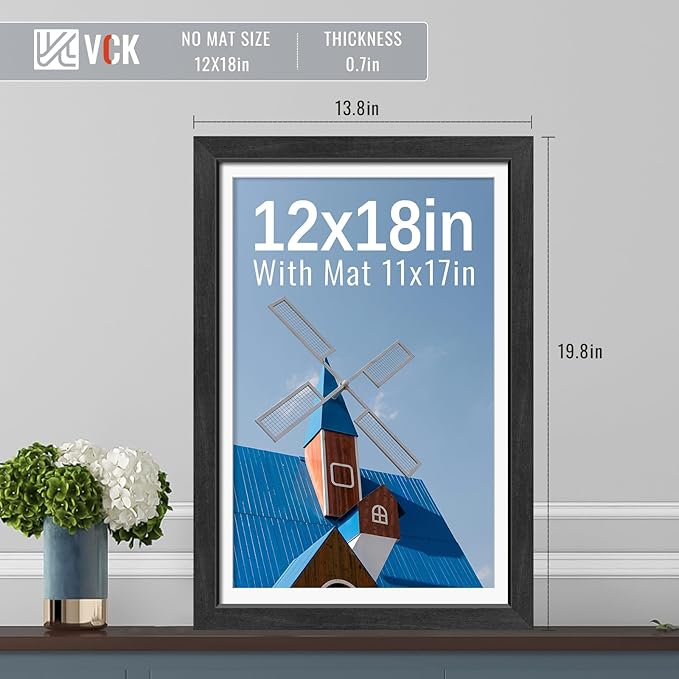 VCK 12x18 Picture Frames Black Set of 5, Wide Border Wood, Tempered Glass, Display 11x17 Photo with Mat or 12 x 18 without, for Home, Office, Gallery, Woodgrain Series, Wall Hanging