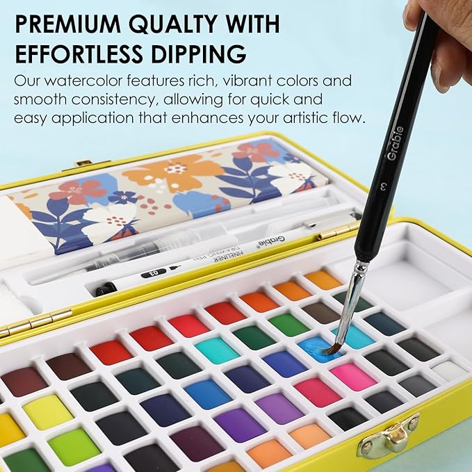 Grabie 100 Colors Premium All-In-One Watercolor Paint Set - 50 Essential, 35 Metallic, 10 Pastels, 5 Neon Hues - Portable Case, Brush Pens, Paper Pad, Waterproof Fineliner Pen, Beginner & Professional