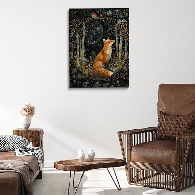 Nordic Rustic William Morris Fox Wall Art,William Morris Moon & Stars Print,William Morris Cute Fox Print Painting,Vintage Animal Poster Decor for Living Room Bedroom 20x30in Large Frame Wall Art