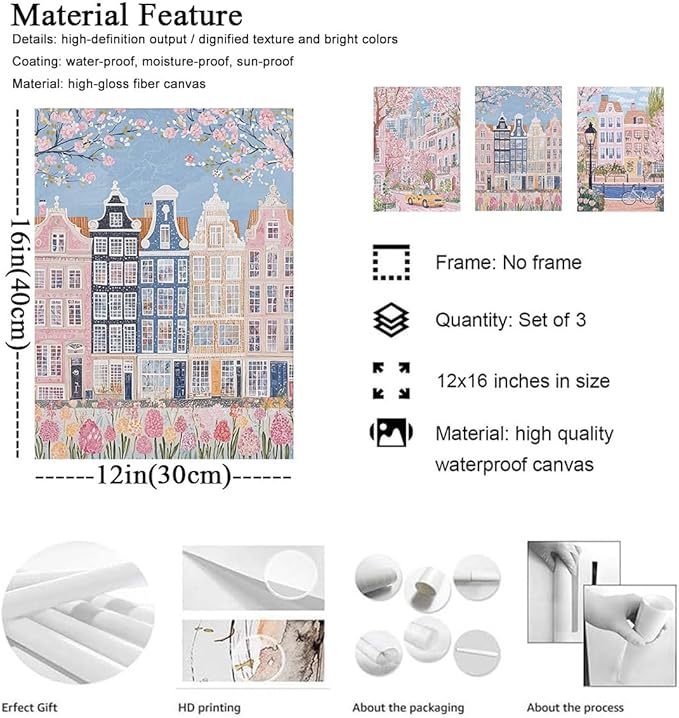 XLARTMY Watercolor City Landscape Travel Wall Art Canvas Framed Pink Cherry Flower Poster Girly Prints Painting Pictures Set of 3 for Bedroom Living Room Office 16x12in Unframed