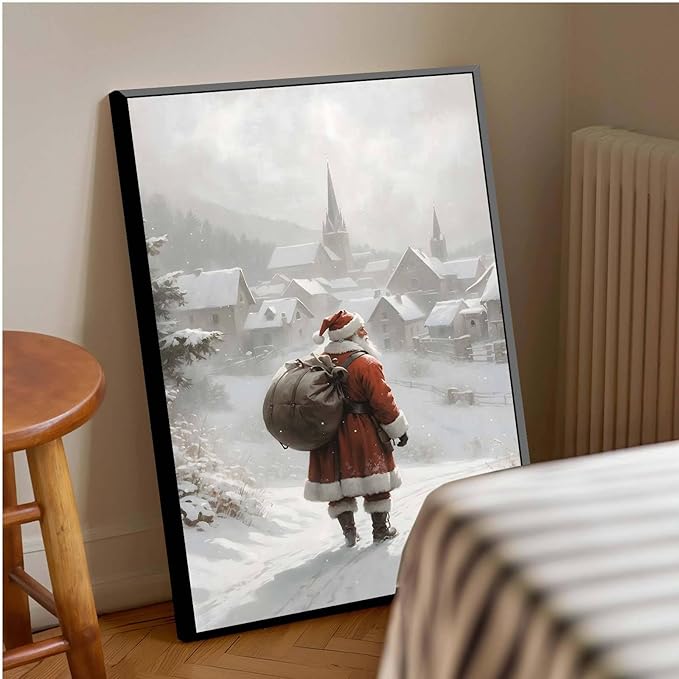 Framed Canvas Wall Art Vintage Santa Claus Wall Art Farmhouse Christmas Print Festive Holiday Home Decor Santa Claus Painting 8x12in Metal blackFramed