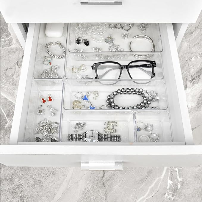 Drawer Organizers Set of 12, 4 Sizes Clear Plastic Drawer Organizers and Storage Bins for Kitchen, Bathroom, Office, Dresser Desk Drawer Organizer Tray for Jewelry, Makeup, Junk, Gadgets
